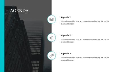 An agenda slide from the Modern presentation theme in Visme.