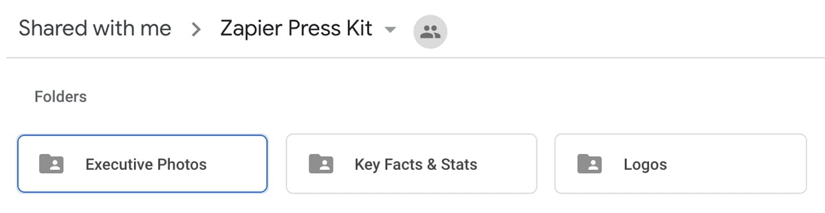 A screenshot of Zapier's media kit in Google Drive.