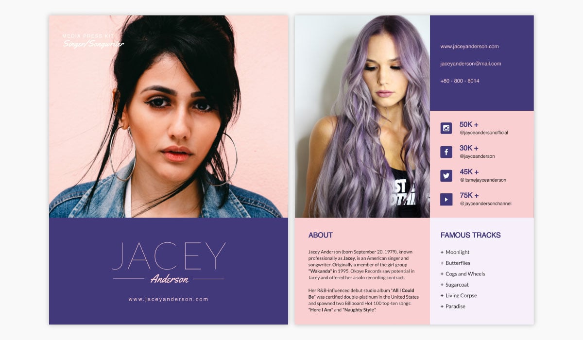 A pink and purple media kit template available in Visme.