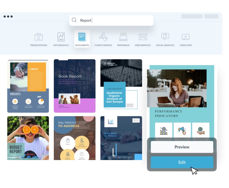 A selection of report templates available in Visme.