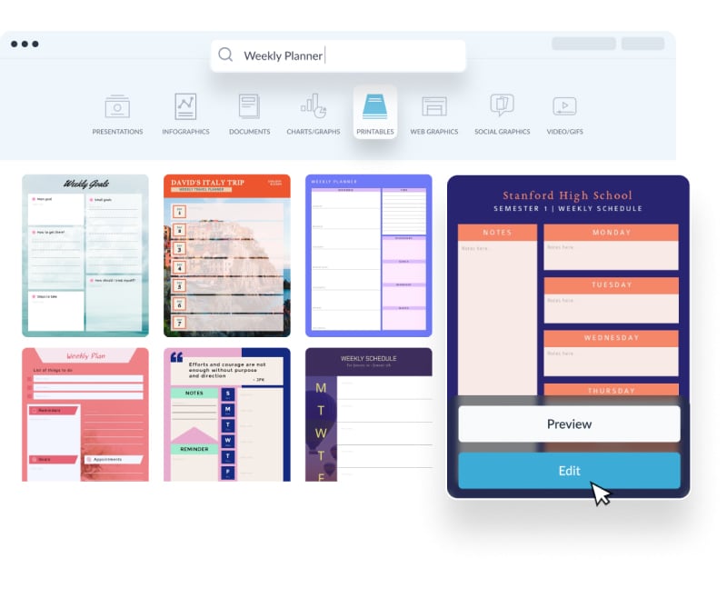 A selection of weekly planner templates available in Visme.