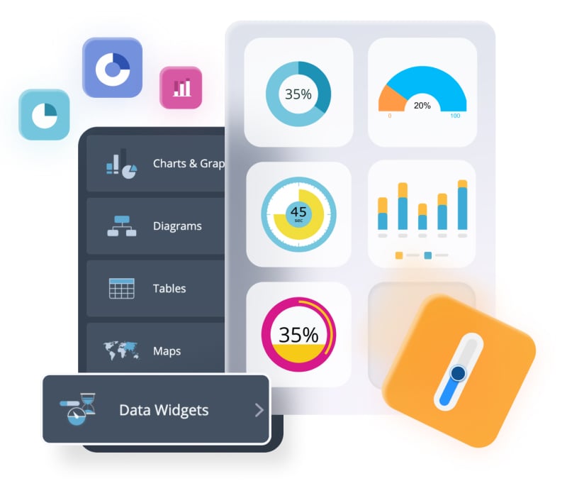 Visualize data with thousands of graphics, charts, diagrams, data widgets, and maps
