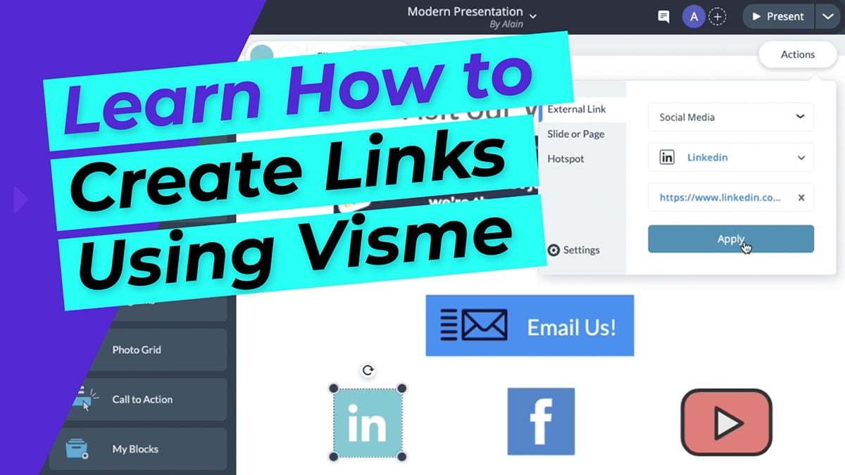 Learn How to Create Links Using Visme – Link text, shapes and icons to Websites, or Social Media