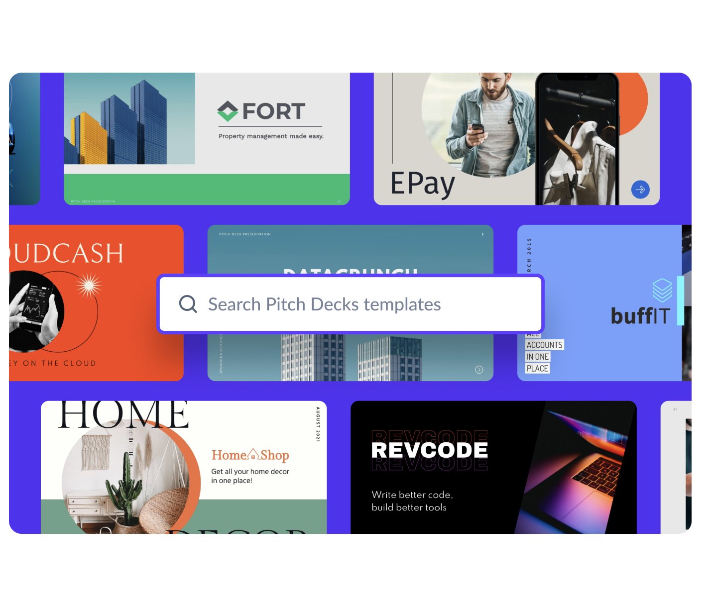 100s of professionally designed pitch deck templates