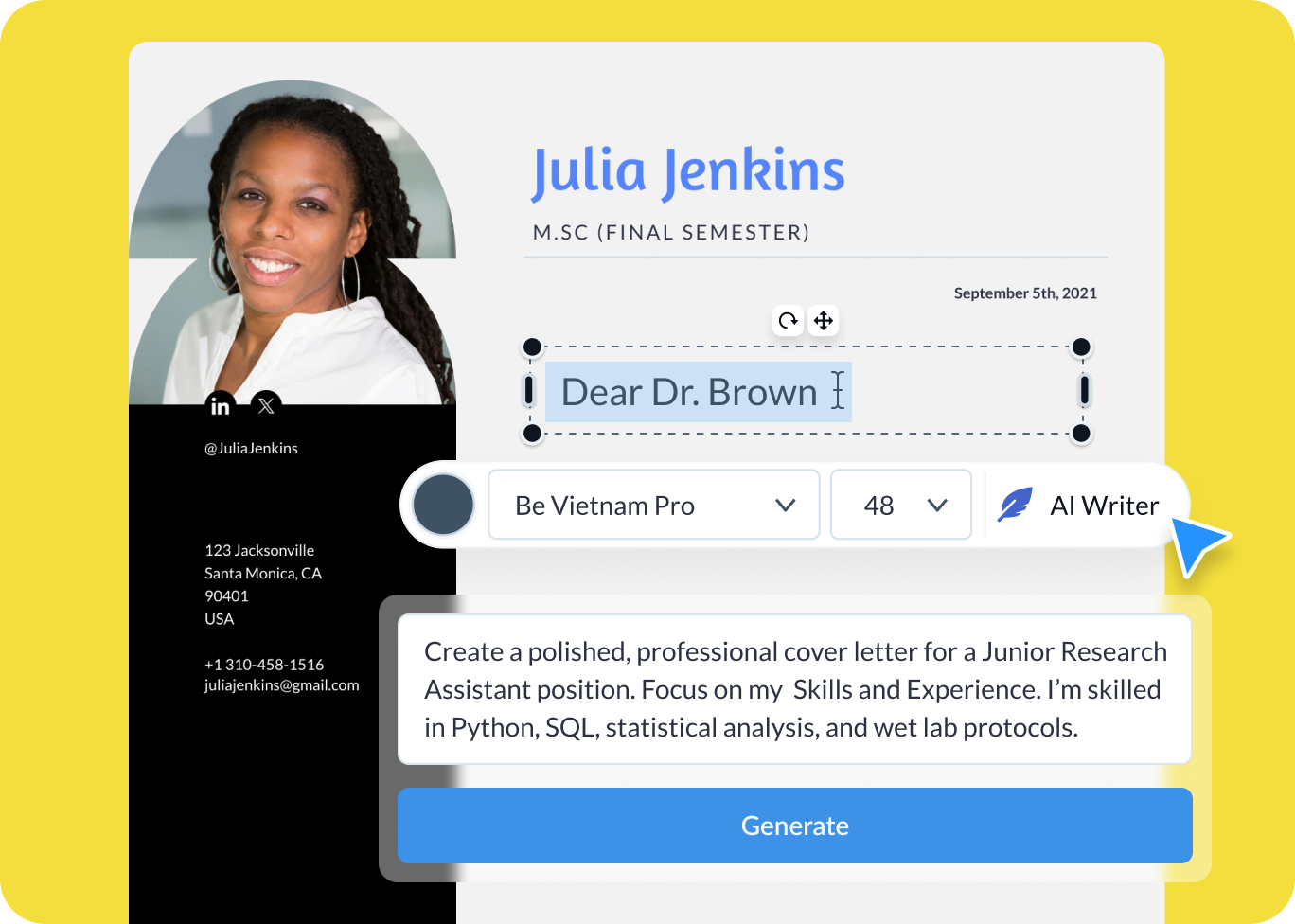 Generate text for your cover letter with AI Writer